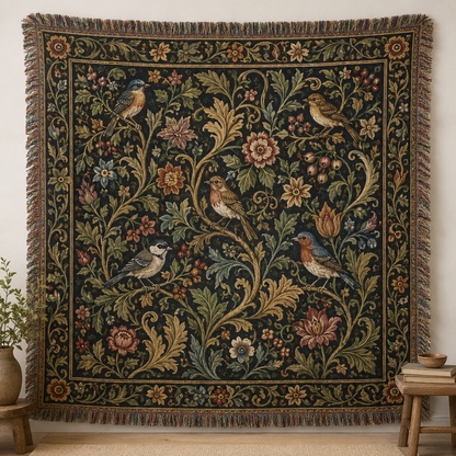 Vintage woodland birds woven blanket with botanical flowers and multicolor fringe