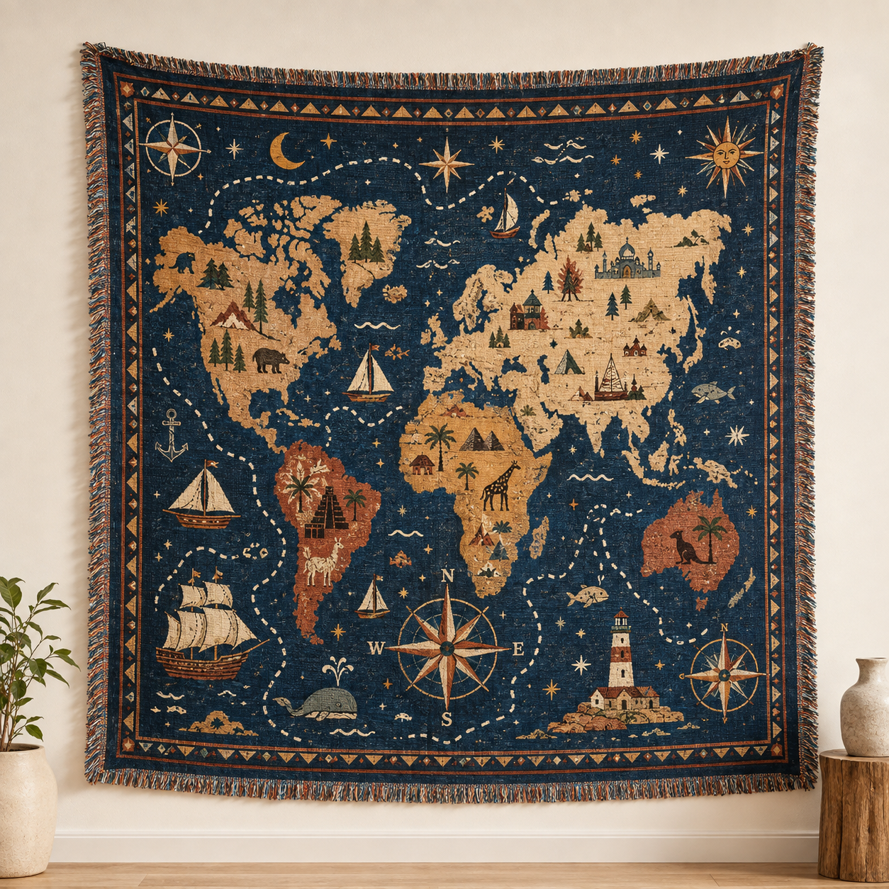 Vintage world map woven blanket with nautical routes, compass roses, ships and fringe