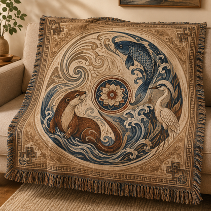 Koi, otter and heron woven blanket with swirling water medallion and fringe