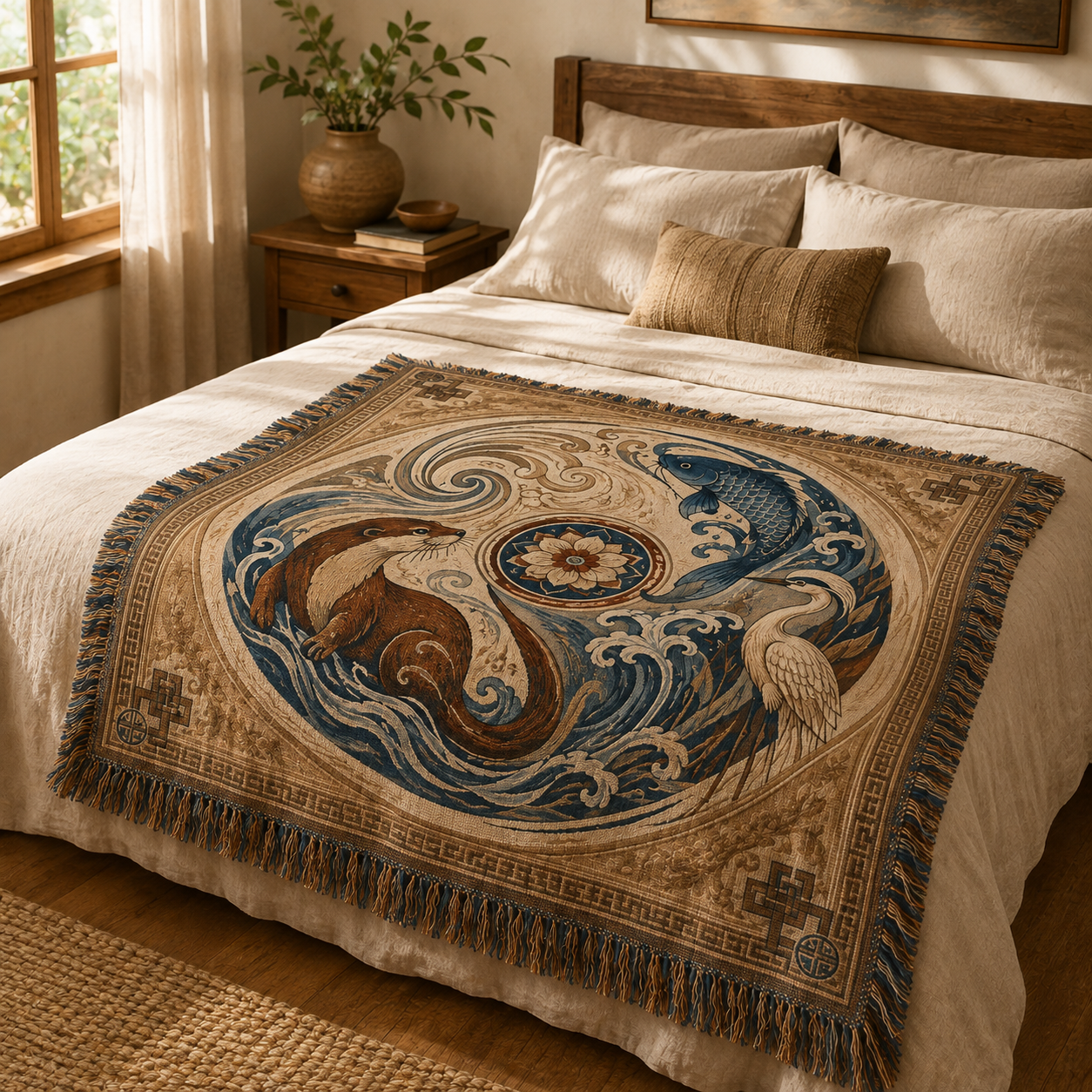 Water harmony woven blanket styled across a warm neutral bedroom bed