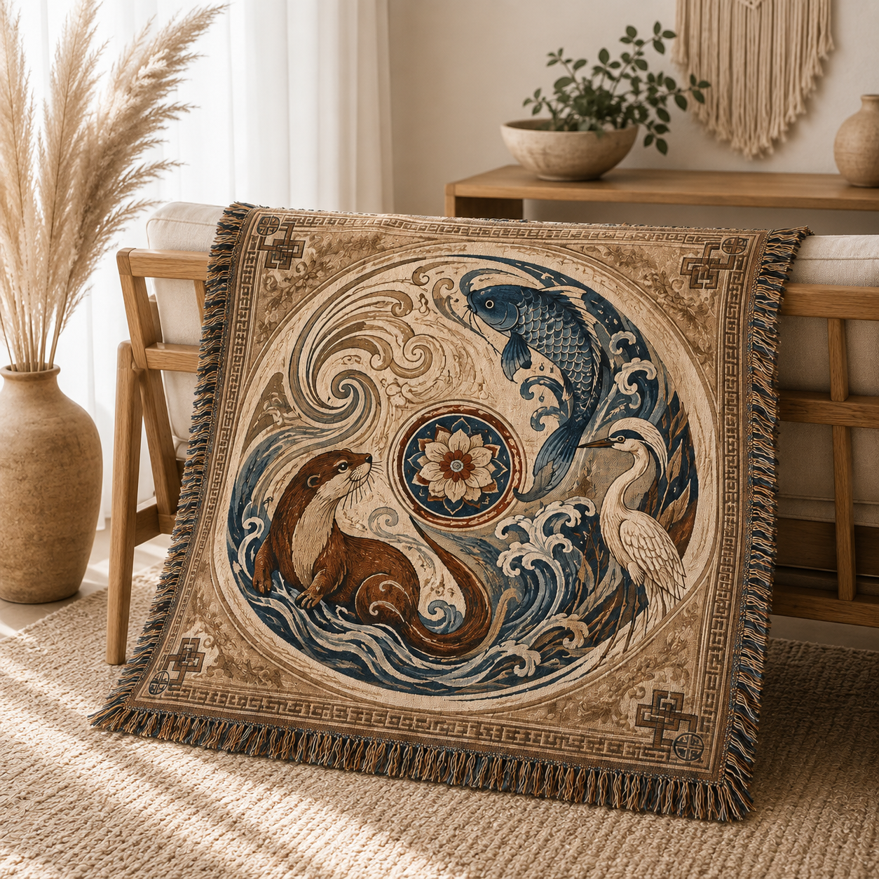 Water harmony woven blanket displayed on a light wood bench in a boho interior