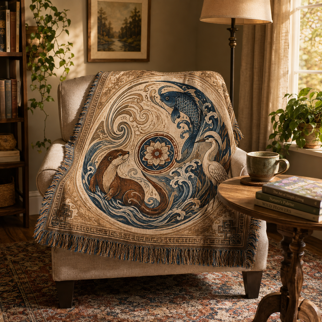 Koi, otter and heron woven blanket draped over a cozy reading chair
