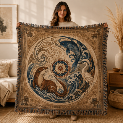 Woman holding a koi, otter and heron woven blanket with decorative fringe