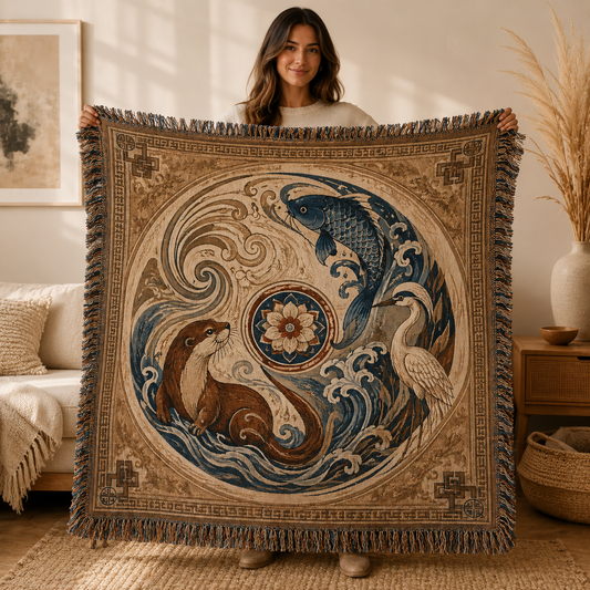 Woman holding a koi, otter and heron woven blanket with decorative fringe