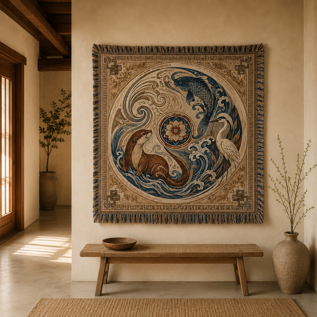 Koi, otter and heron woven tapestry displayed above a wooden entryway bench