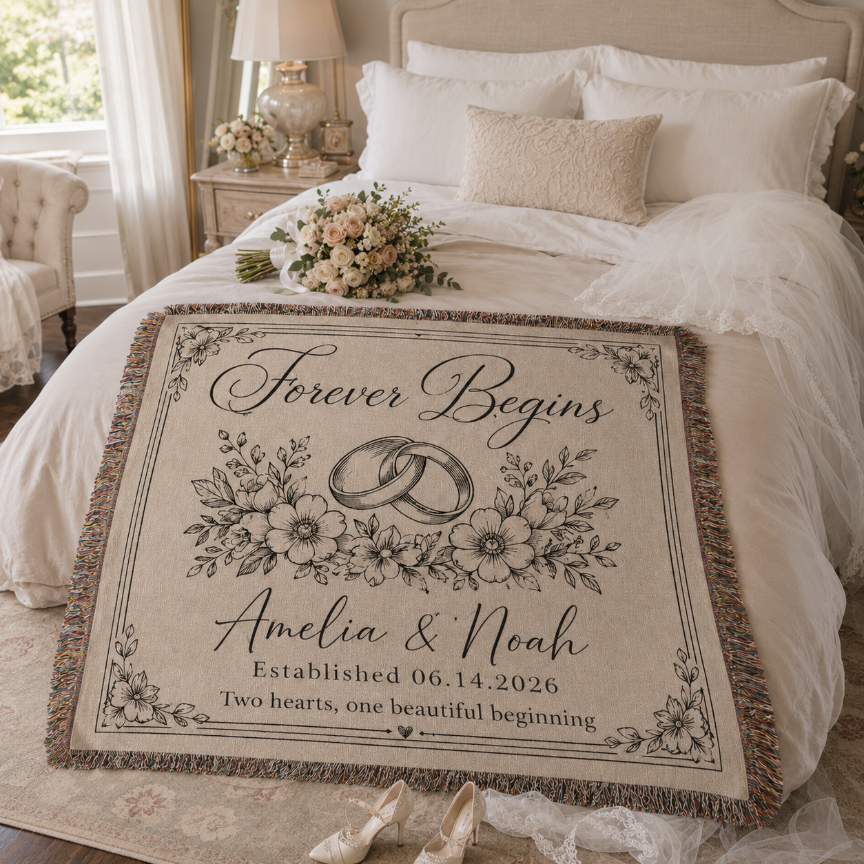Personalized wedding blanket styled in a bridal suite with bouquet veil and wedding shoes