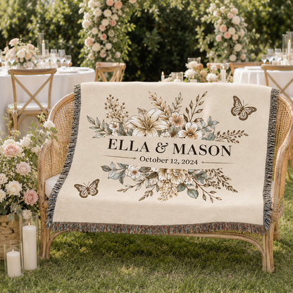 Personalized wedding blanket displayed at an outdoor garden reception