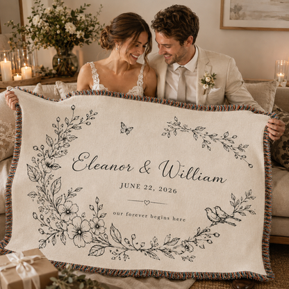 Newlywed couple holding a personalized wedding woven blanket