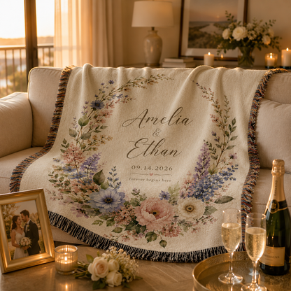 Personalized wedding woven blanket styled in a cozy newlywed home