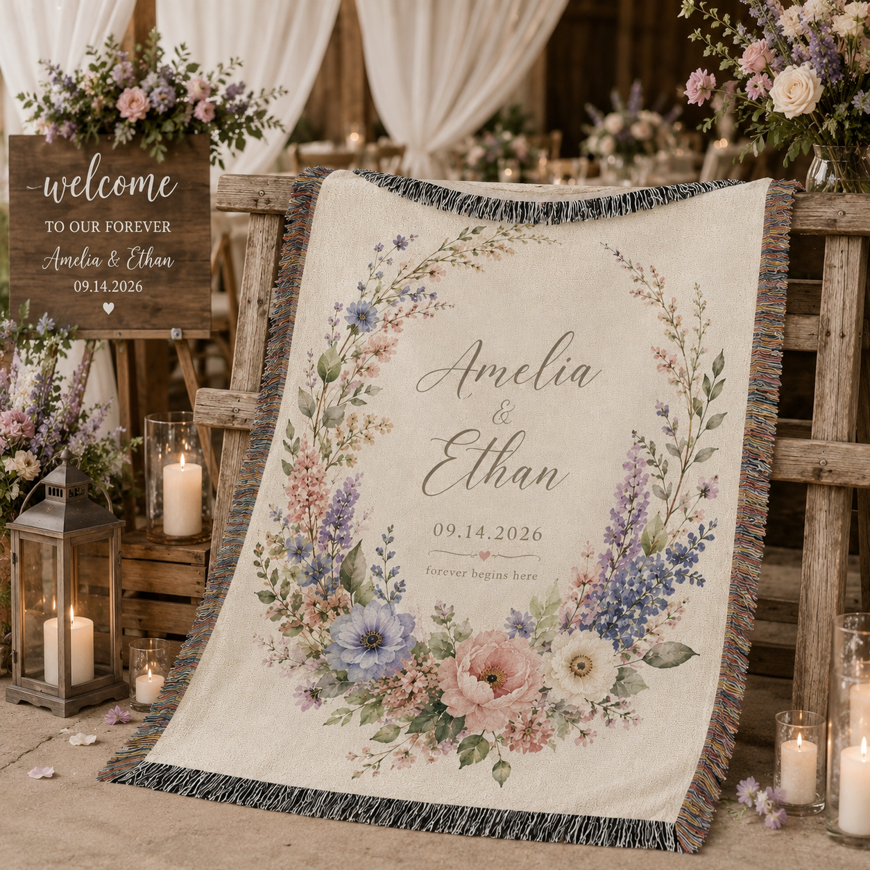 Personalized wedding woven blanket displayed at a rustic wedding reception