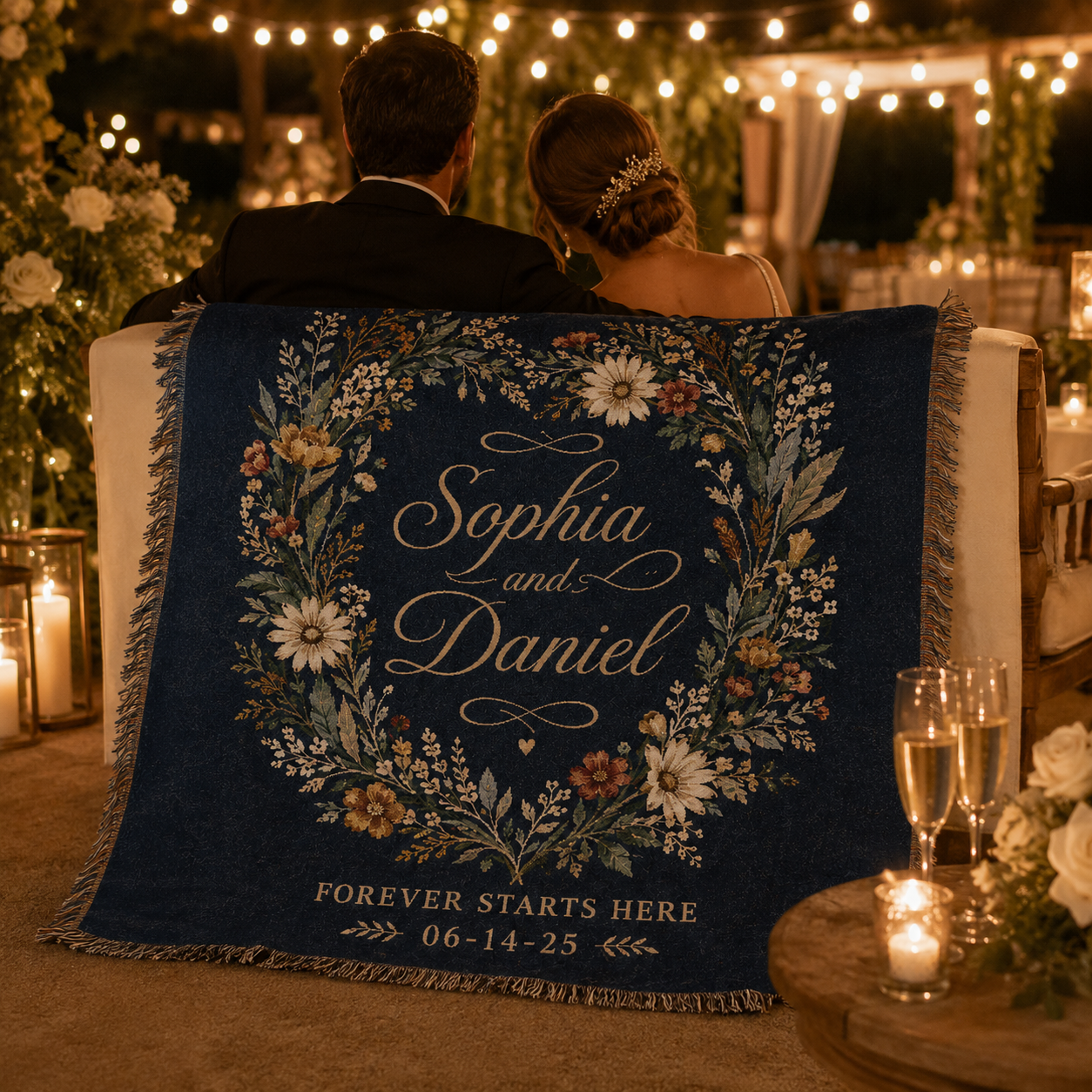 Personalized wedding woven blanket displayed under romantic reception string lights