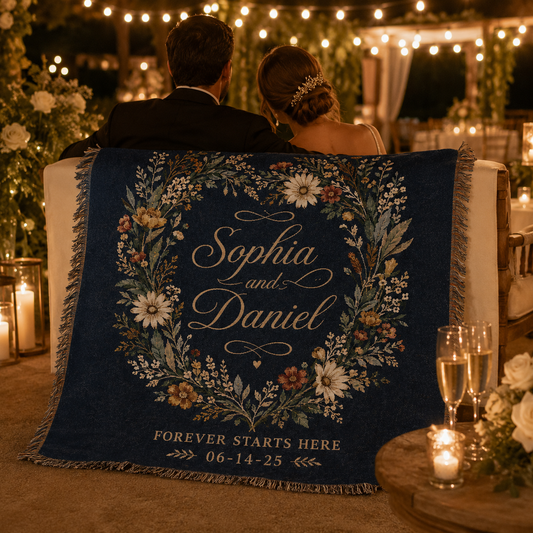 Personalized wedding woven blanket displayed under romantic reception string lights