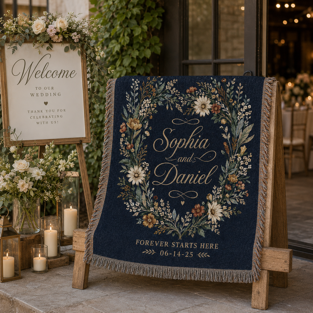 Personalized floral woven blanket styled at a wedding reception welcome area