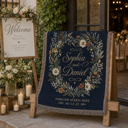 Personalized floral woven blanket styled at a wedding reception welcome area