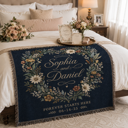 Personalized wedding woven blanket displayed in a romantic bridal suite