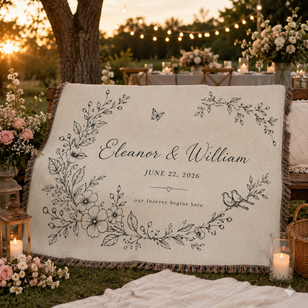 Personalized wedding woven blanket at a romantic outdoor reception