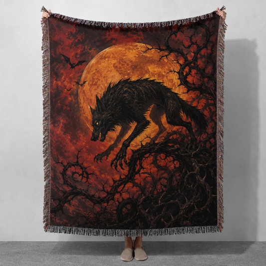 Werewolf harvest moon woven blanket with black wolf, crimson sky, thorny branches and multicolor fringe