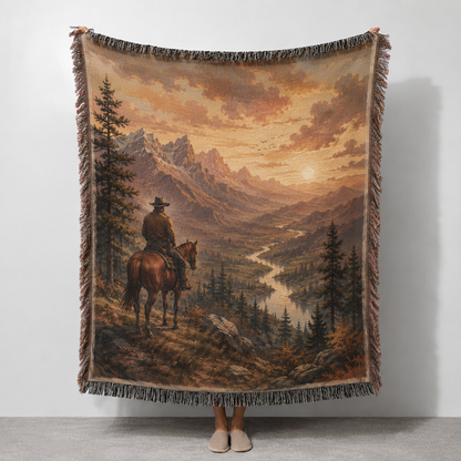 Western rider mountain valley woven blanket product display
