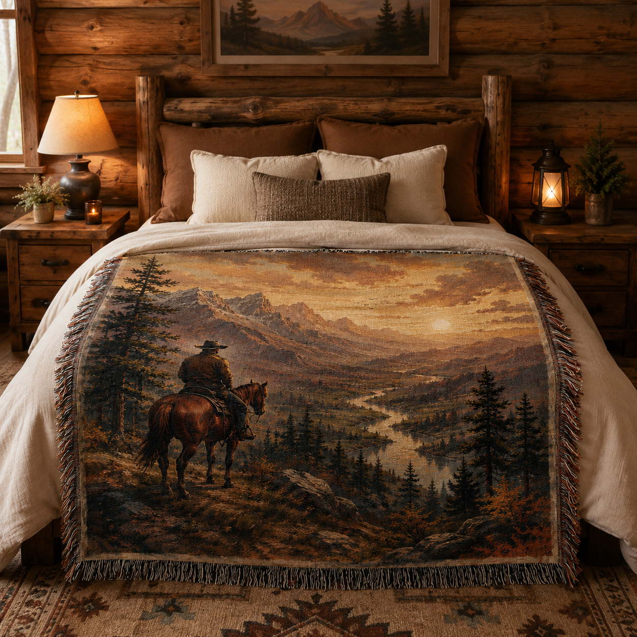 Western rider mountain woven blanket across a rustic cabin bed