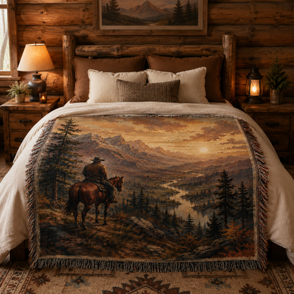Western rider mountain woven blanket across a rustic cabin bed