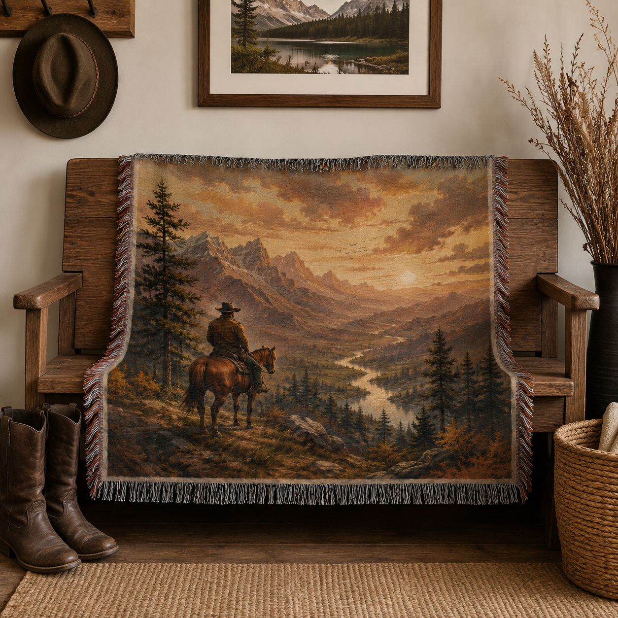 Western rider woven blanket displayed on a rustic wooden bench
