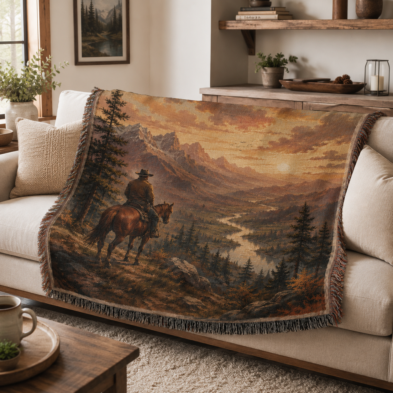 Western rider woven blanket styled on a rustic modern sofa
