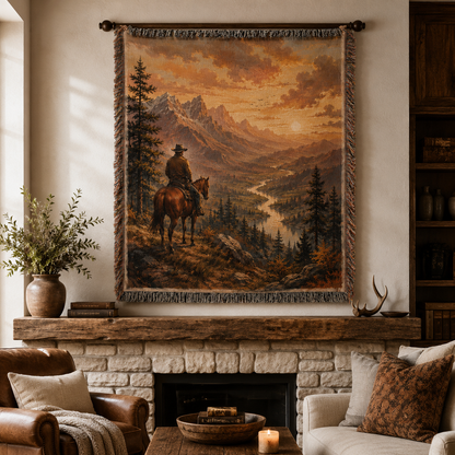 Western rider woven blanket displayed as rustic wall tapestry