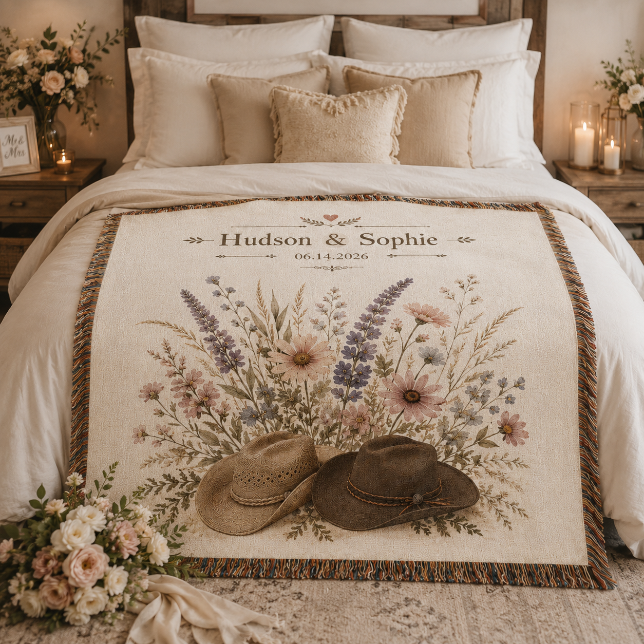 Personalized western wedding woven blanket across a newlywed bedroom bed