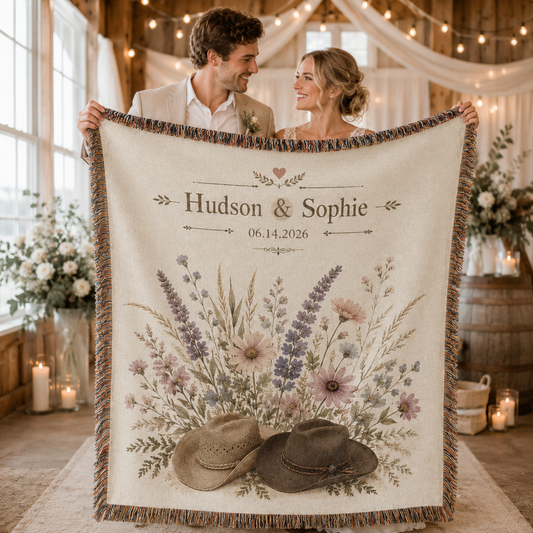 Bride and groom holding a personalized western wedding woven blanket