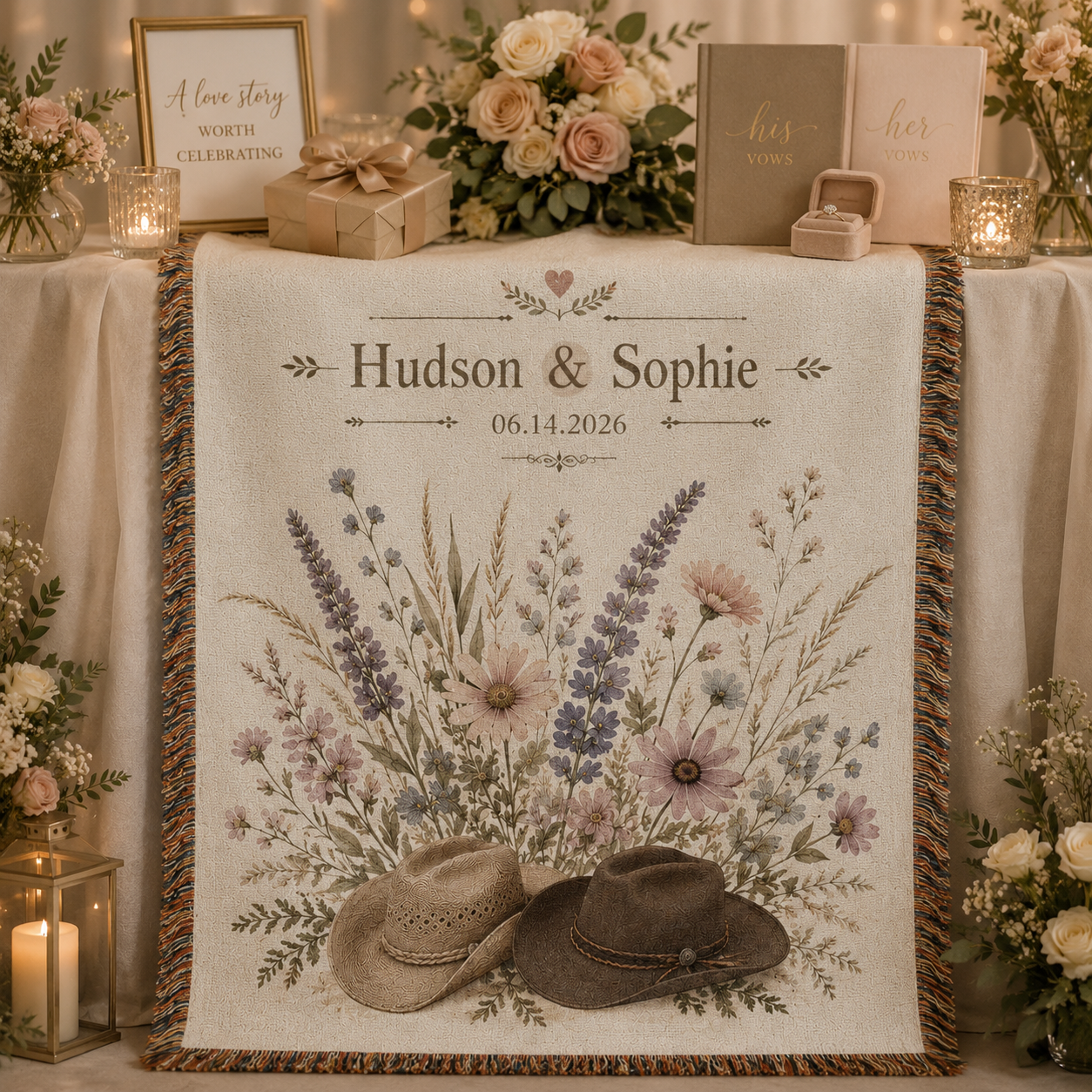 Personalized western wedding woven blanket presented as a wedding gift