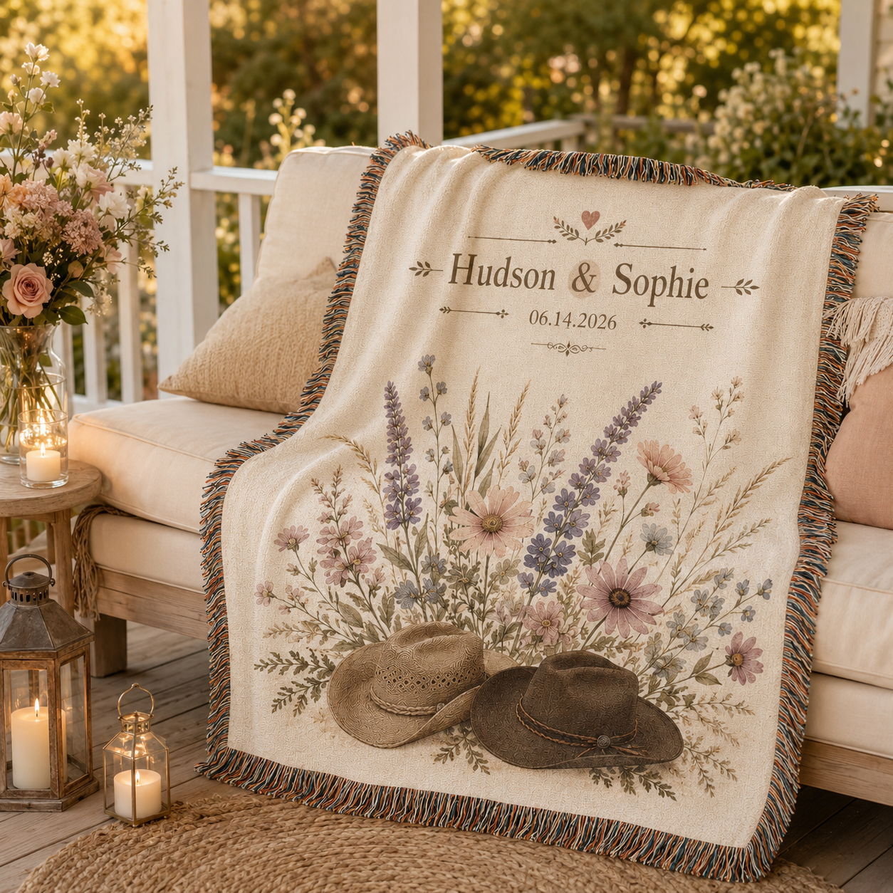 Personalized western wedding woven blanket styled on a porch sofa