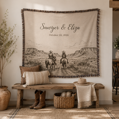 Personalized western couple woven blanket displayed as wall tapestry above a wooden bench