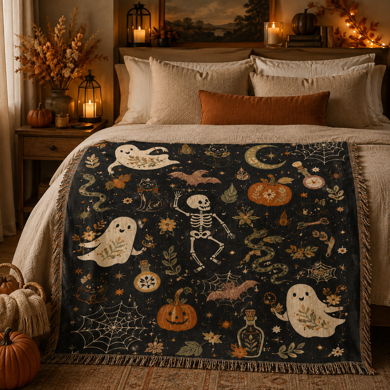 Whimsical Halloween woven blanket displayed across a cozy autumn bedroom bed
