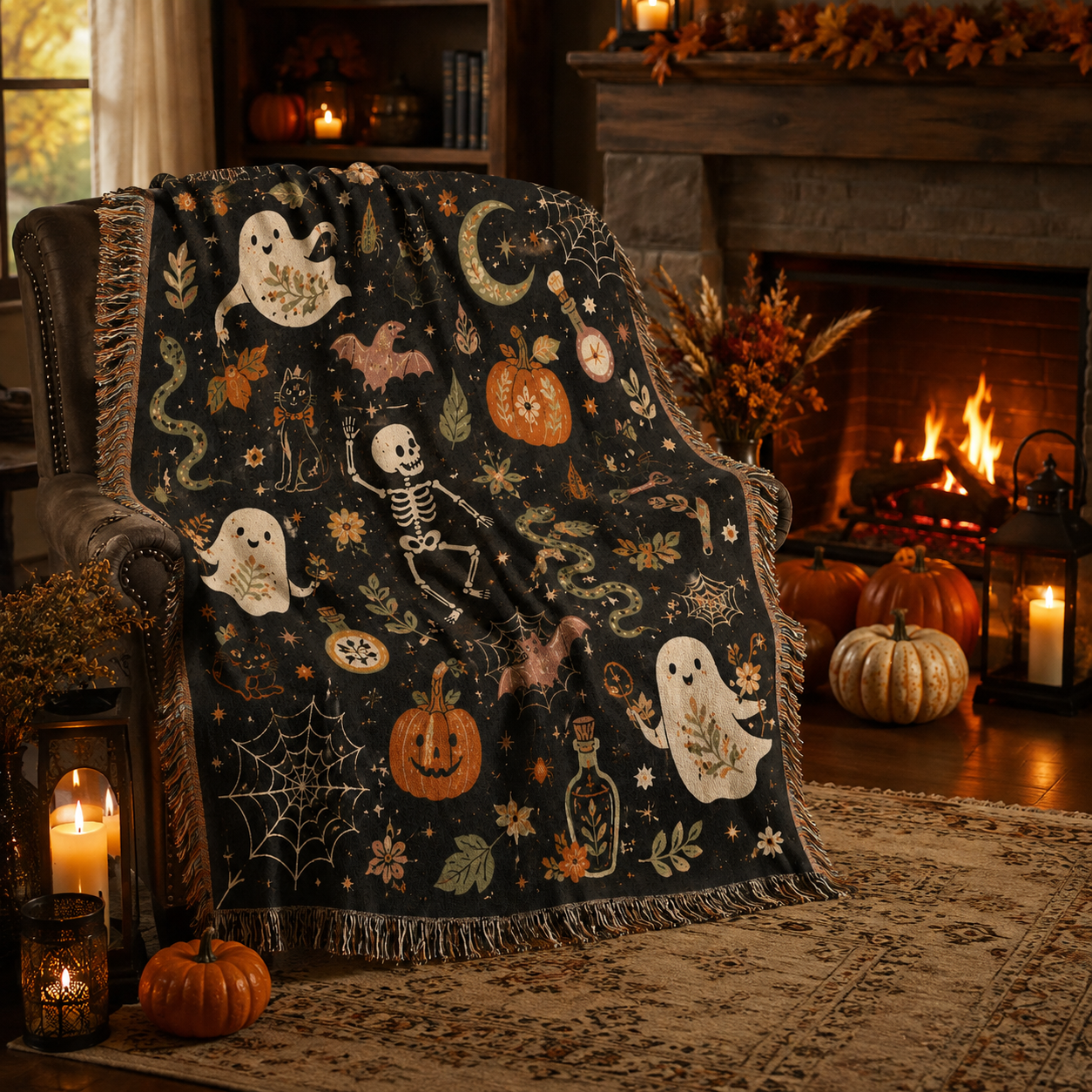 Whimsical Halloween woven blanket styled beside a warm fireplace with pumpkins and candles