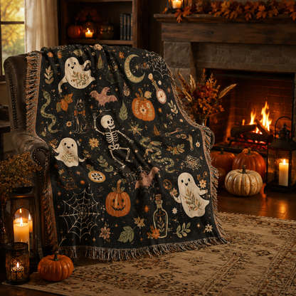 Whimsical Halloween woven blanket styled beside a warm fireplace with pumpkins and candles