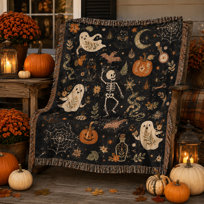 Whimsical Halloween woven blanket displayed on an autumn porch with pumpkins and lanterns