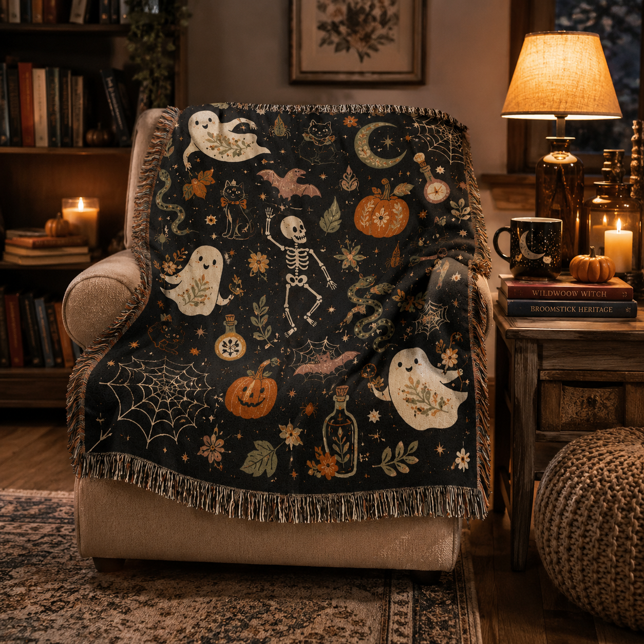 Whimsical Halloween woven blanket draped over an armchair in a cozy reading nook