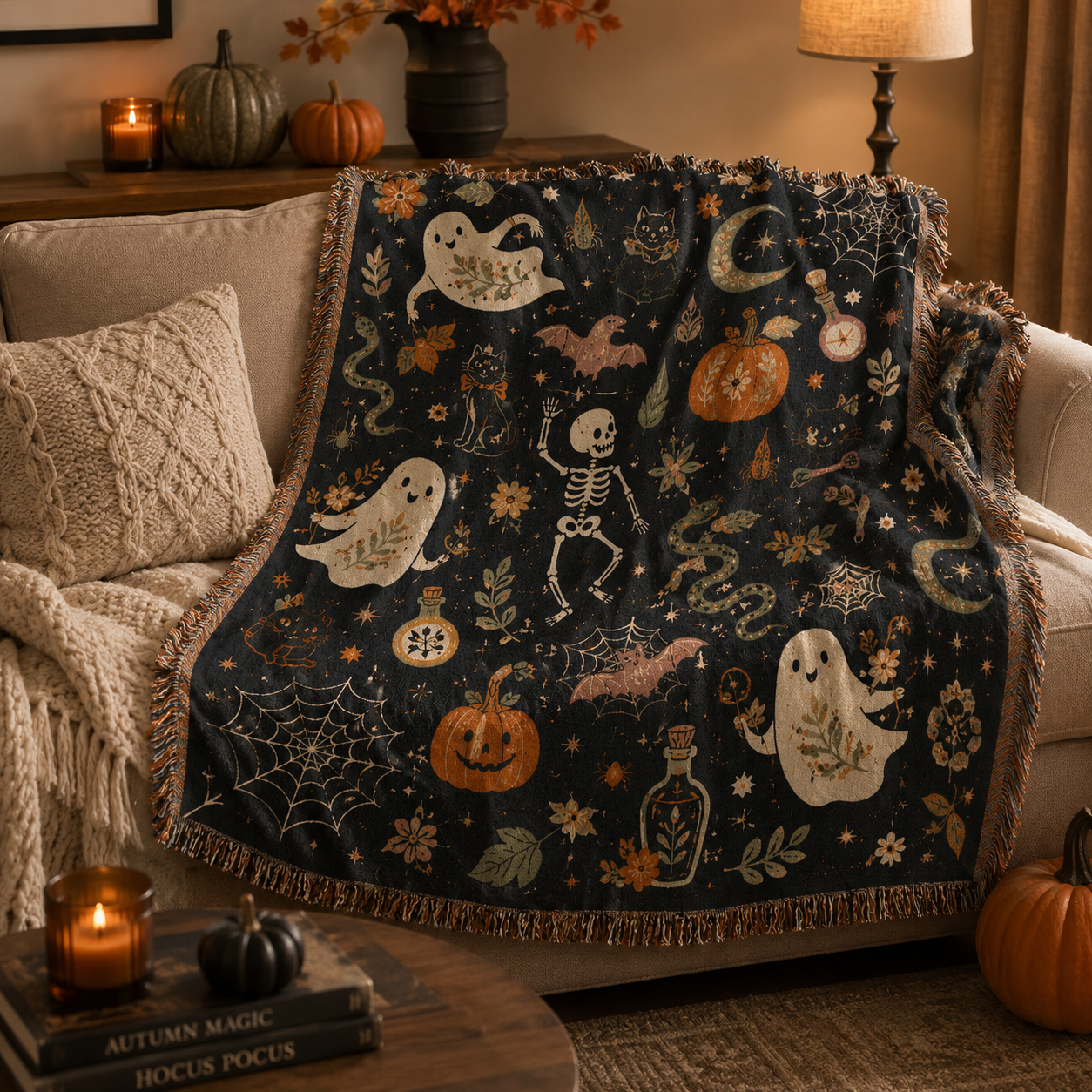 Whimsical Halloween woven blanket styled on a cozy sofa with pumpkins and candles