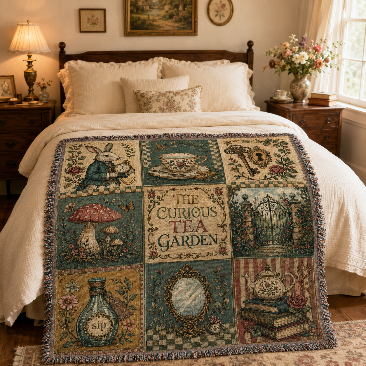 Whimsical tea garden woven blanket displayed across a warm vintage cottage bedroom