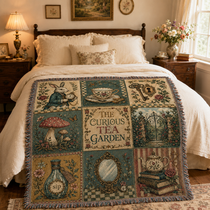 Whimsical tea garden woven blanket displayed across a warm vintage cottage bedroom