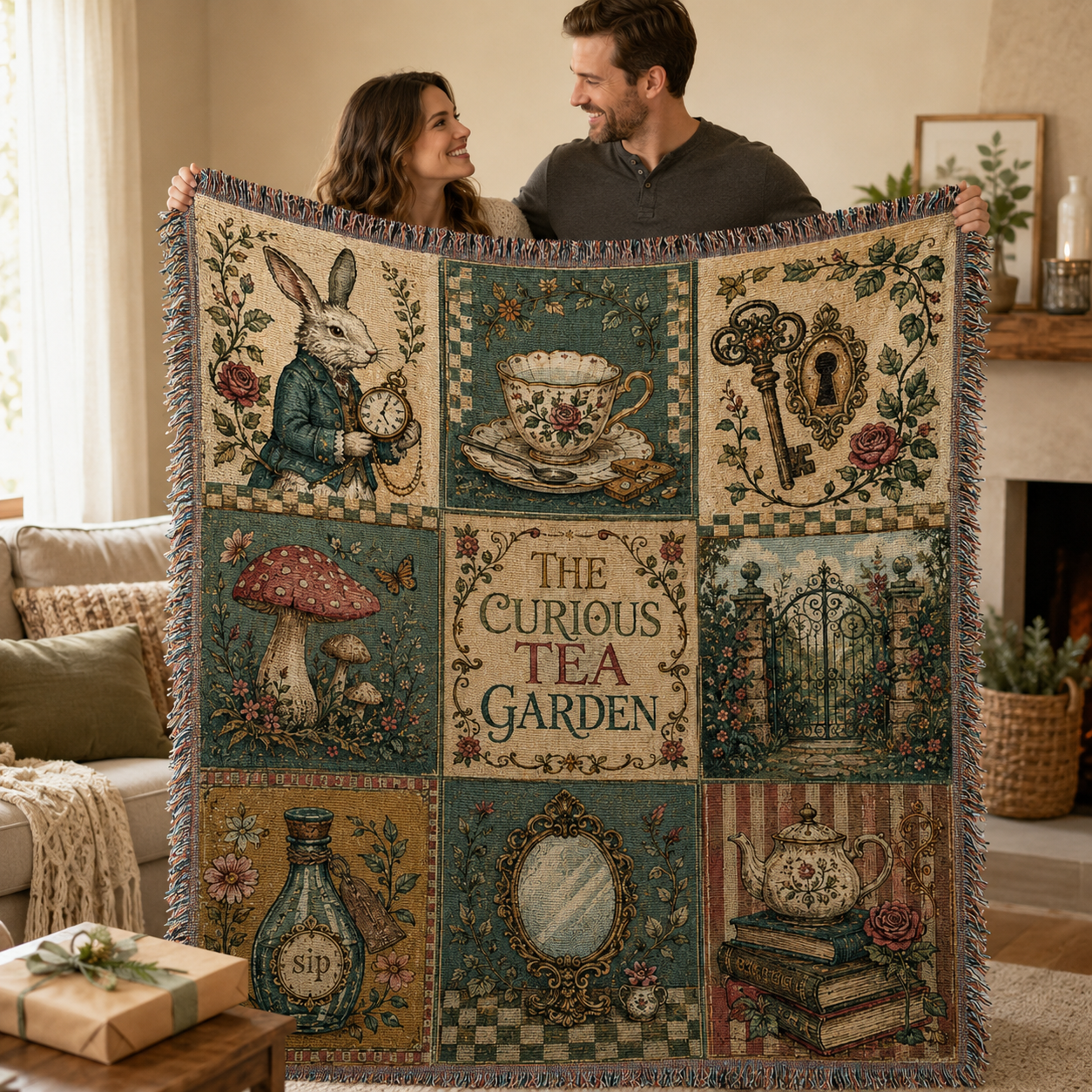 Couple holding a whimsical tea garden woven blanket as a cozy storybook gift