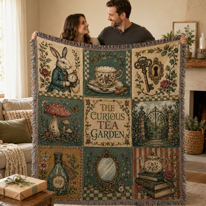 Couple holding a whimsical tea garden woven blanket as a cozy storybook gift
