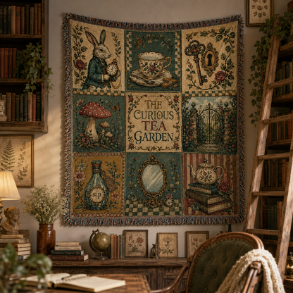 Whimsical tea garden woven blanket displayed as vintage library wall tapestry decor