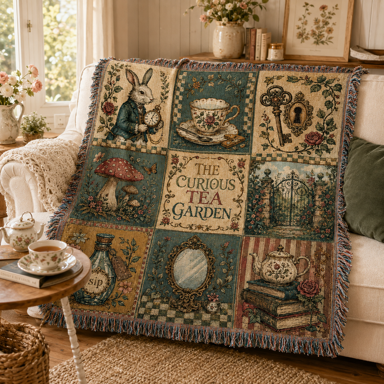 Whimsical tea garden woven blanket styled on a cozy cottage living room sofa