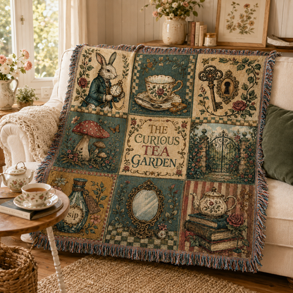 Whimsical tea garden woven blanket styled on a cozy cottage living room sofa