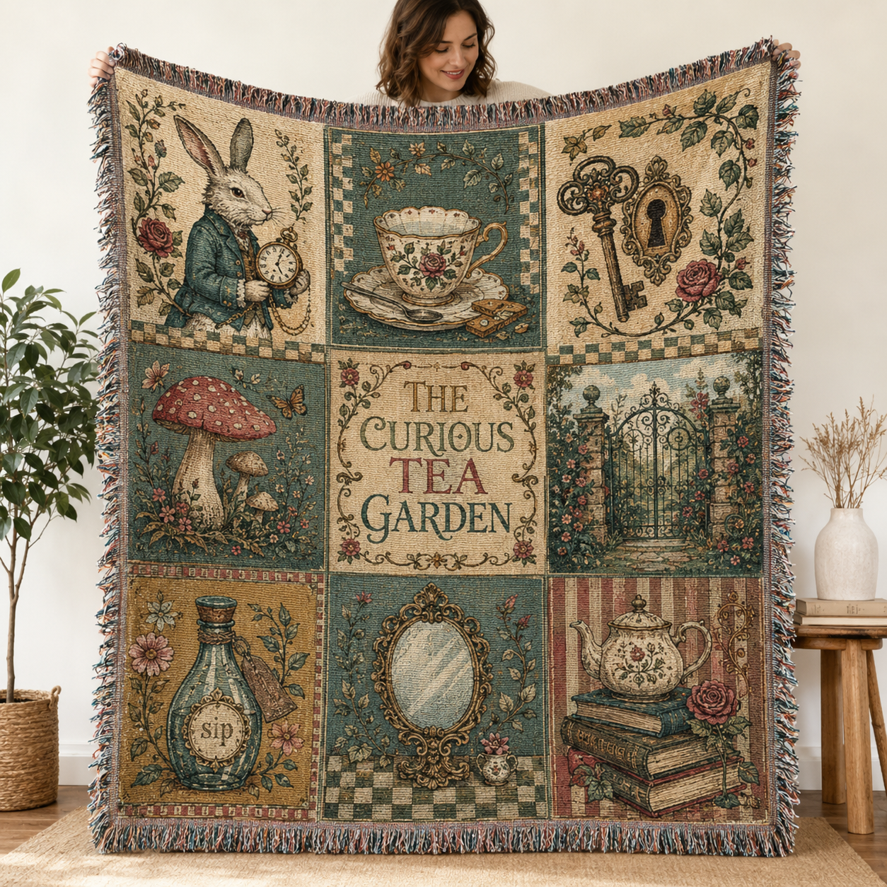 Whimsical tea garden woven blanket with rabbit, teacup, key, mushrooms and storybook patchwork