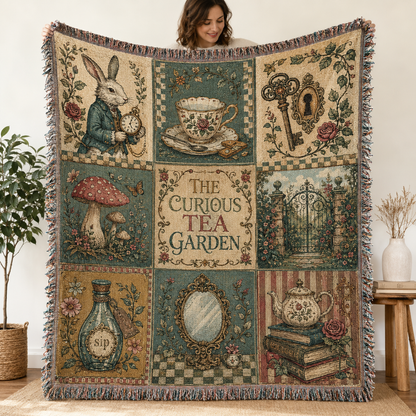 Whimsical tea garden woven blanket with rabbit, teacup, key, mushrooms and storybook patchwork