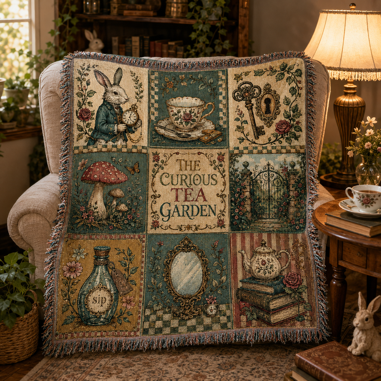 Whimsical tea garden woven blanket arranged in a cozy storybook reading nook