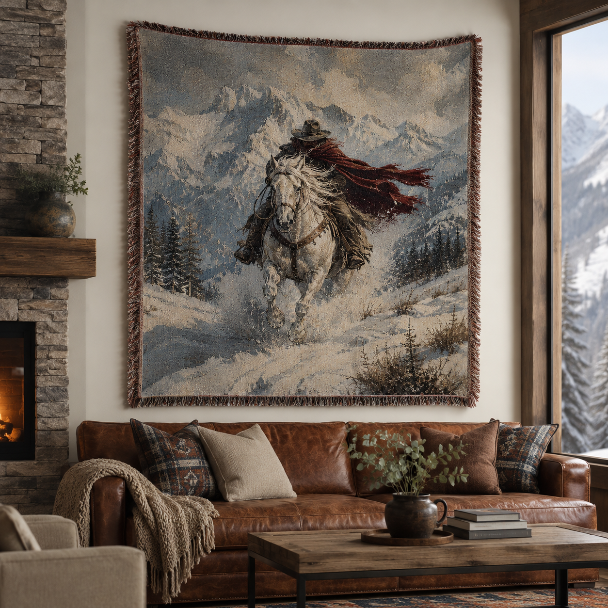 Winter mountain rider woven blanket displayed as wall tapestry in a rustic lodge living room