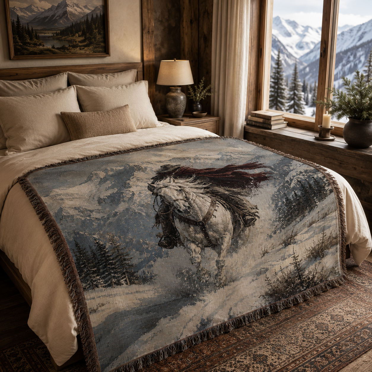 Winter mountain rider woven blanket displayed across a rustic alpine bed